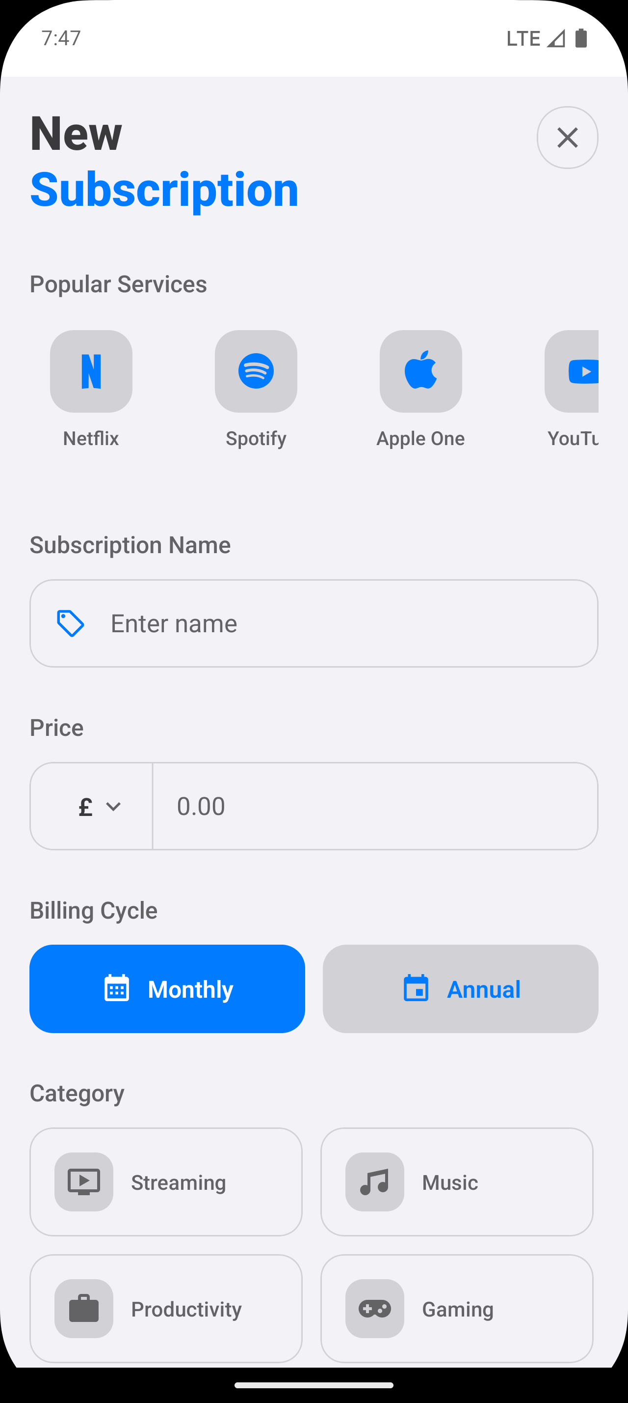 SubWise Android add subscription