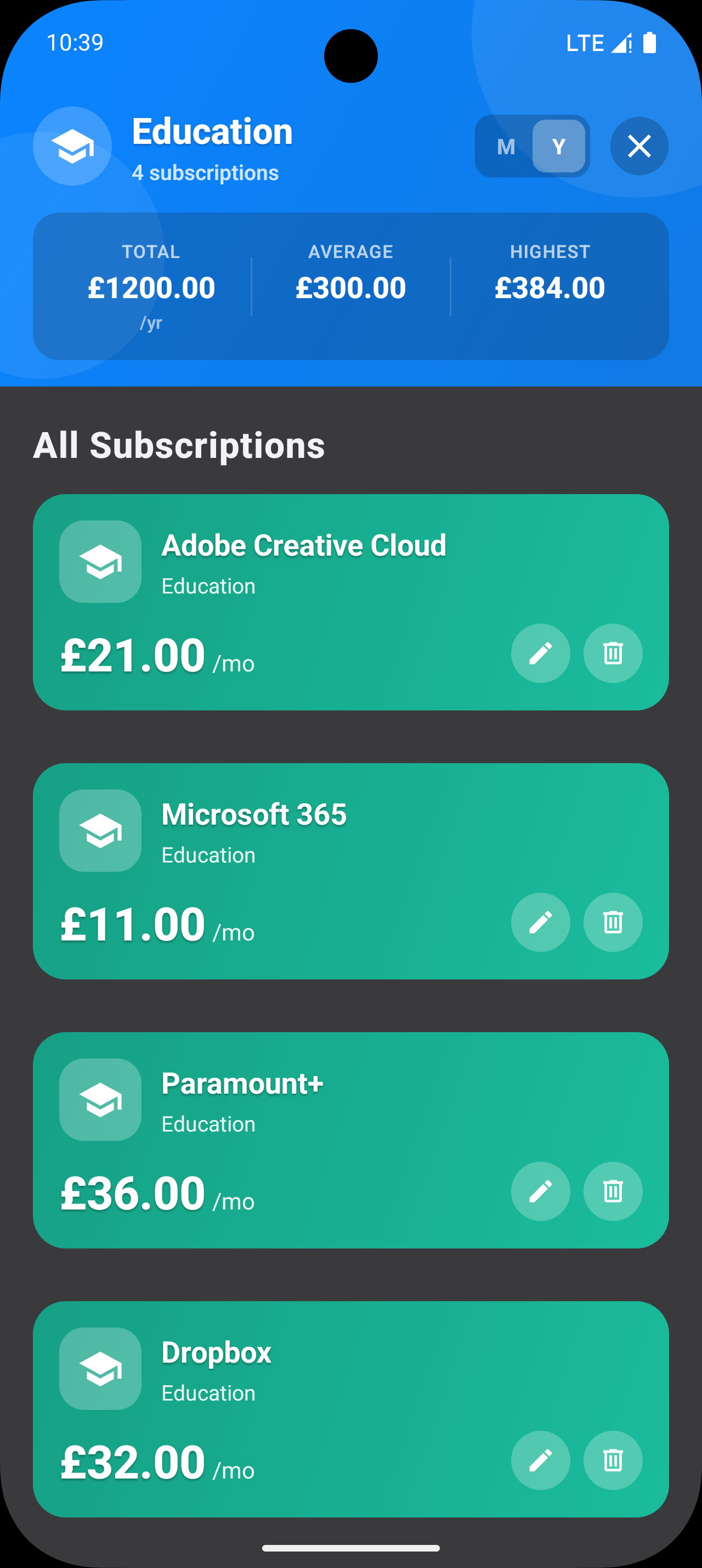 SubWise Android annual view
