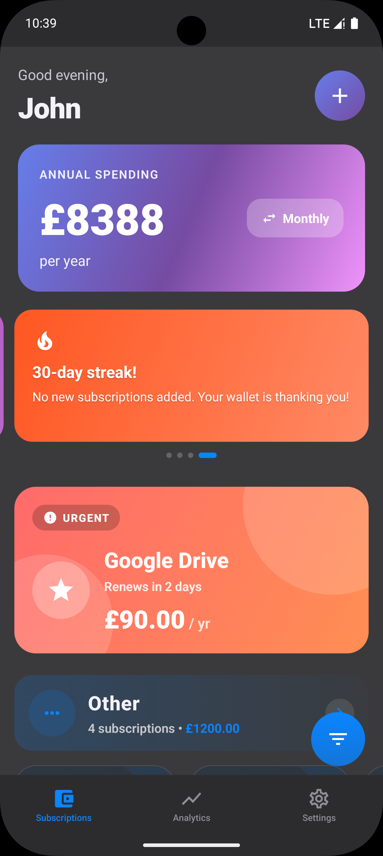 SubWise Android subscription list