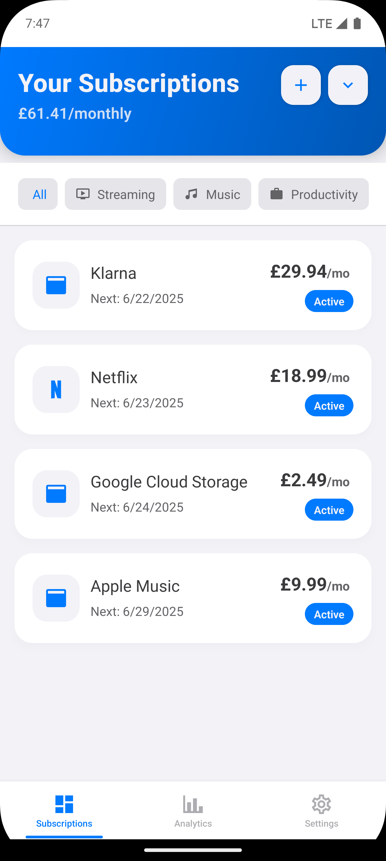 SubWise Android subscription list