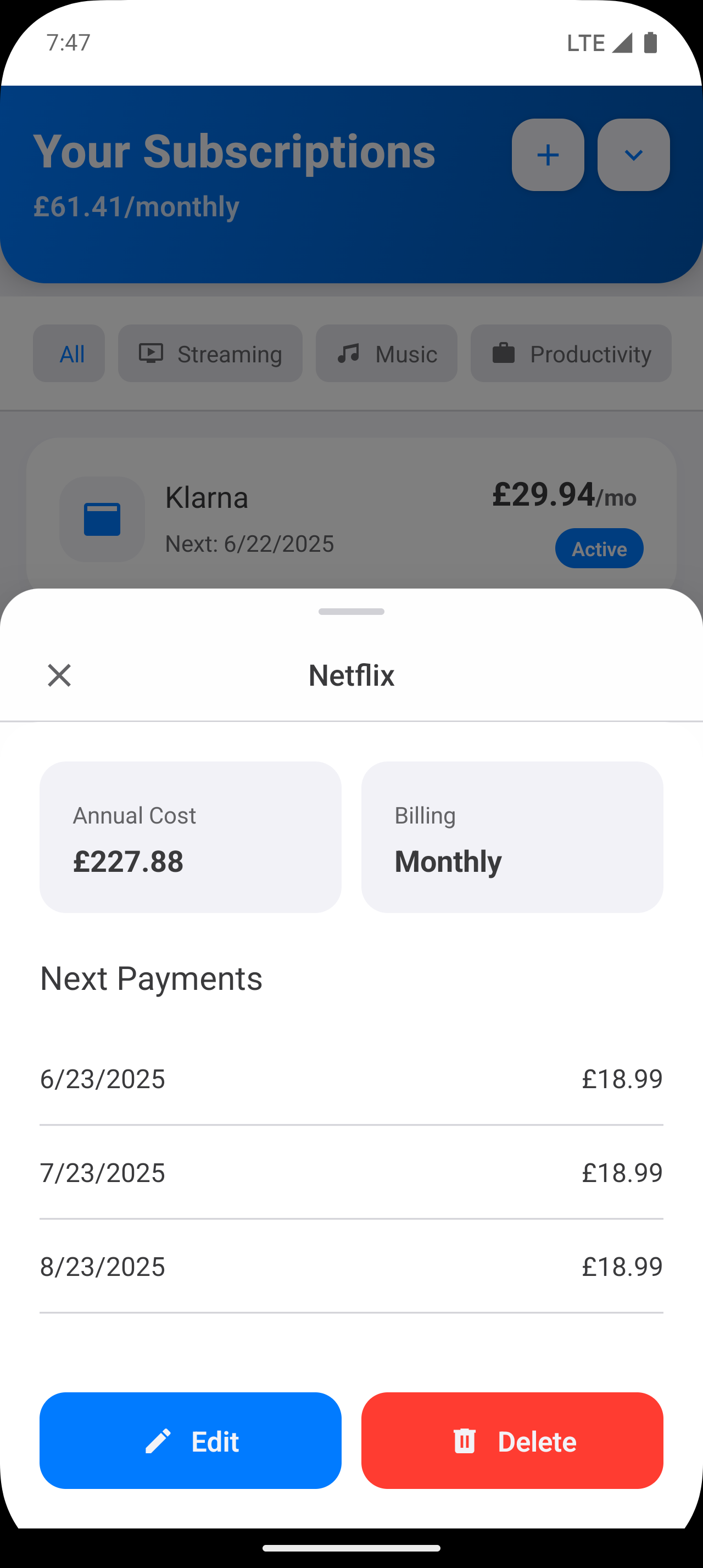 SubWise subscription management interface