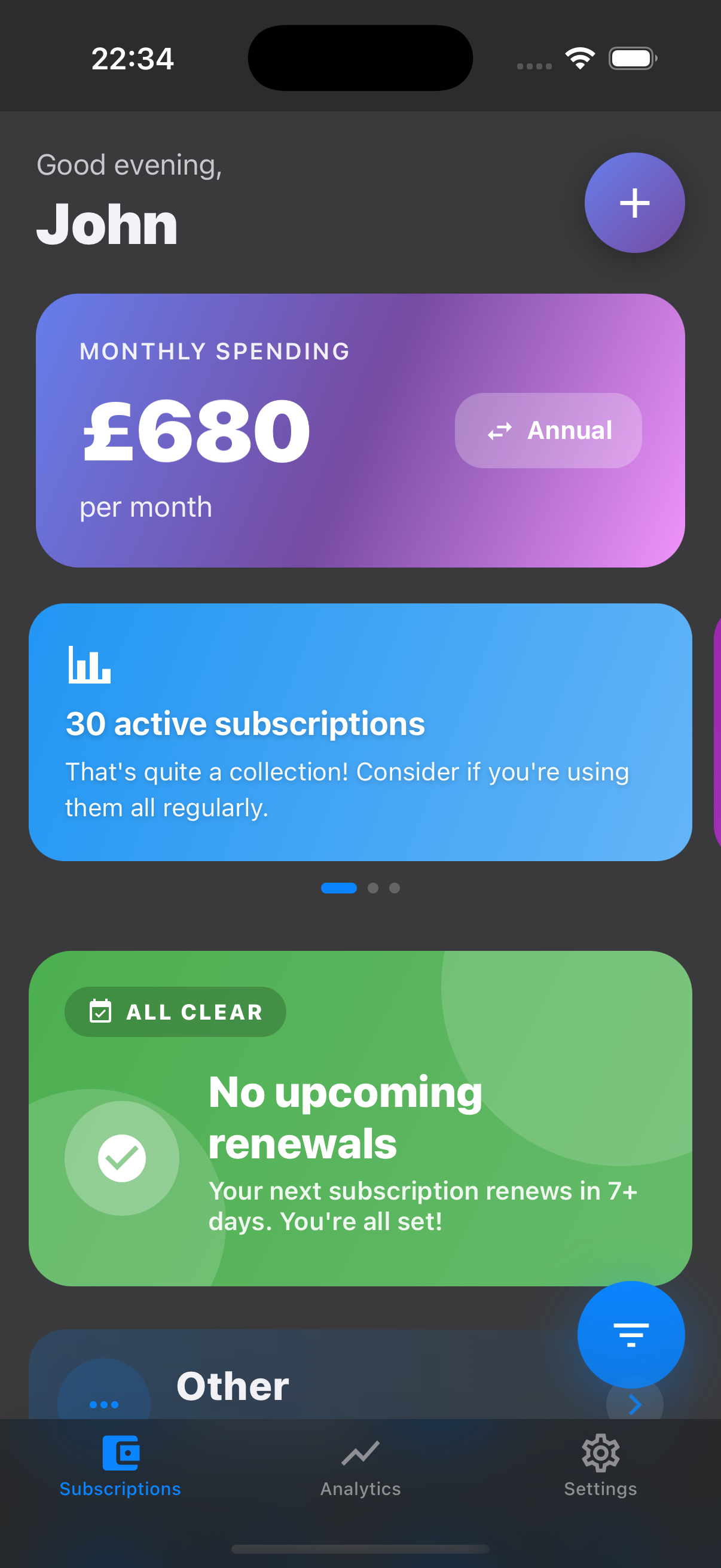 SubWise subscription overview dashboard