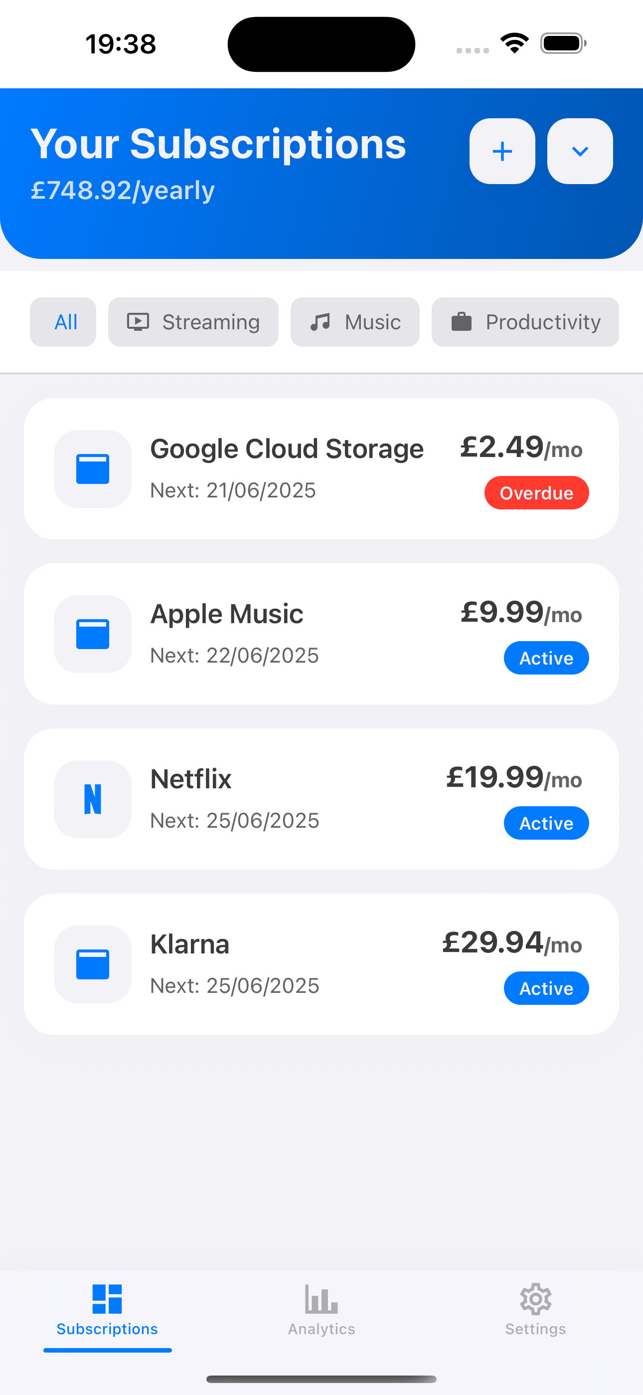 SubWise dashboard showing subscription overview
