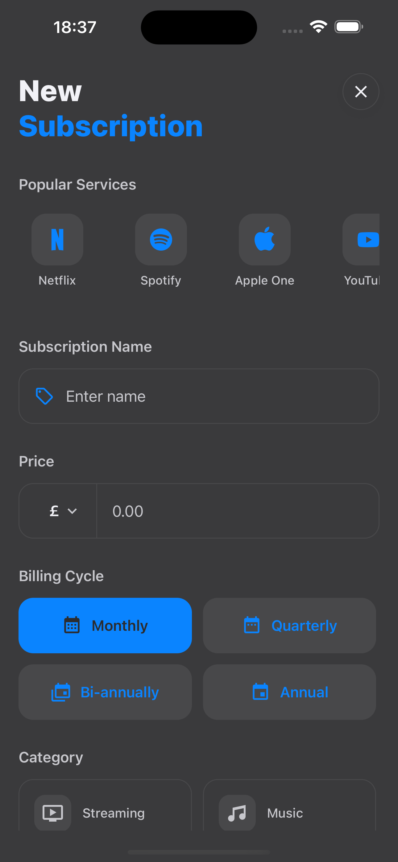 SubWise add new subscription interface