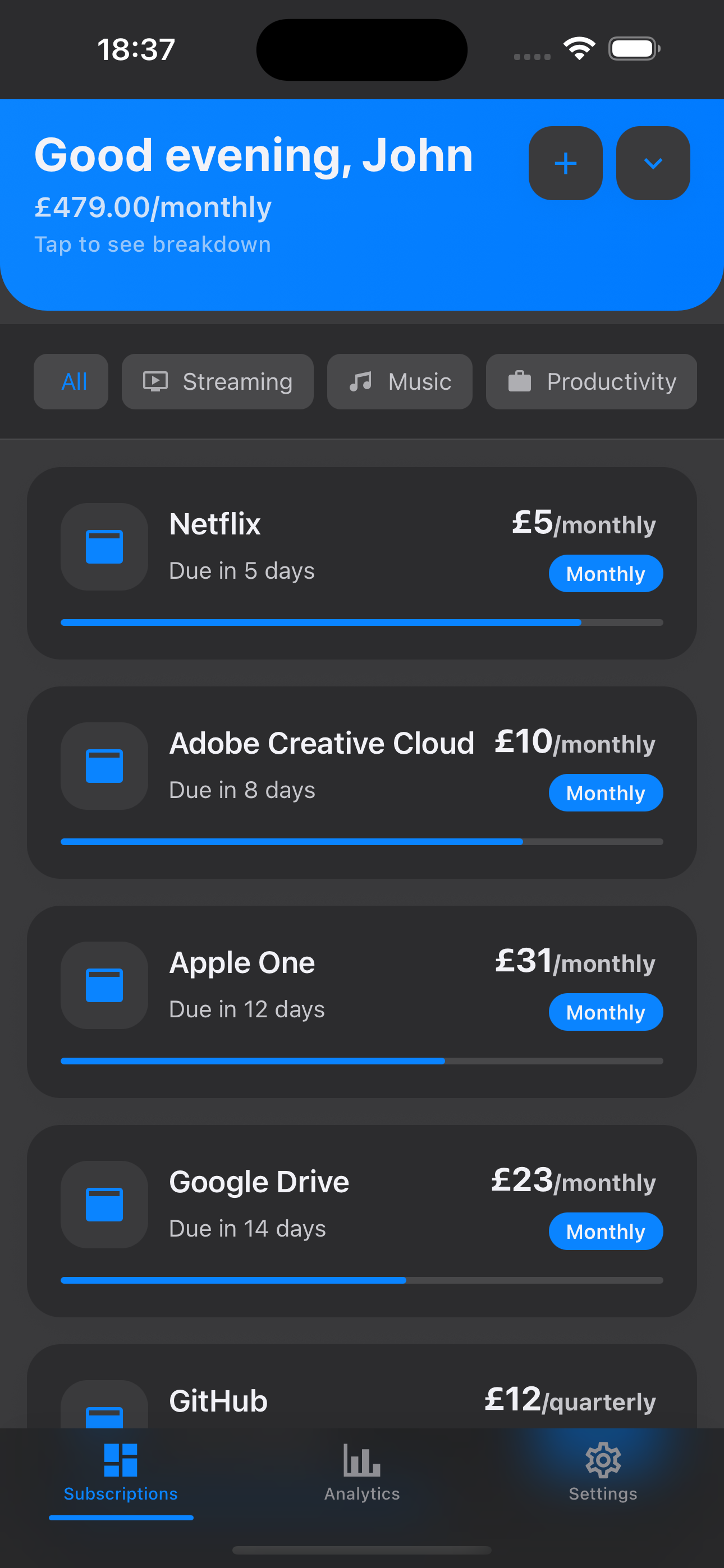 SubWise subscription overview dashboard